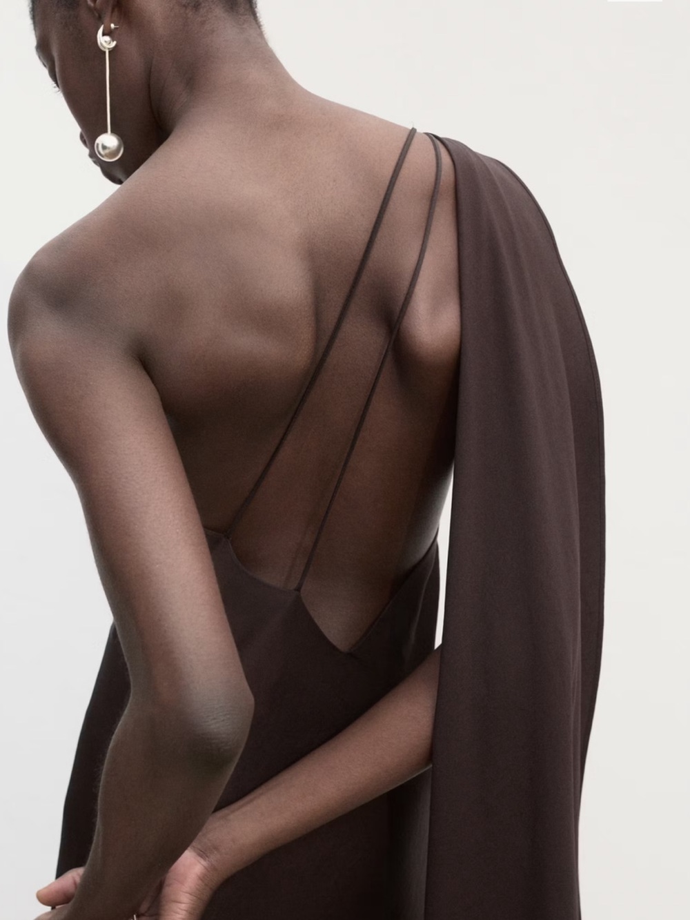 Mango One-Shoulder Dark Brown Draped Dress - Picture 5 of 7